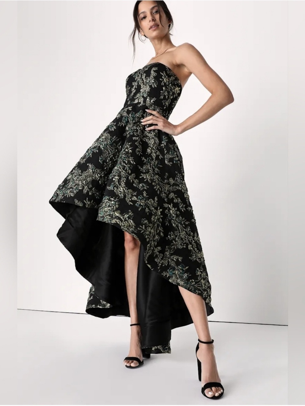 Lulu's Black Strapless High-Low Floral Prom Dress - Picture 3 of 7